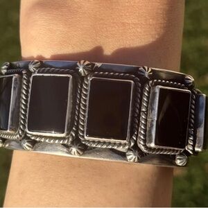 Navajo Native American Sterling Silver Black Onyx Row Cuff Bracelet D Delgarito